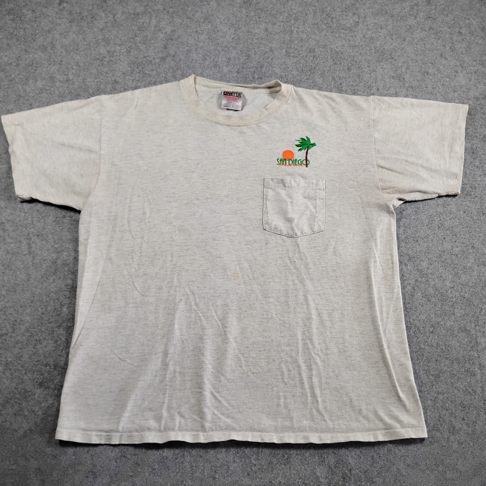 Vintage Oneita Power-T San Diego Pocket Graphic T-Shirt Mens Large Gray 90s USA